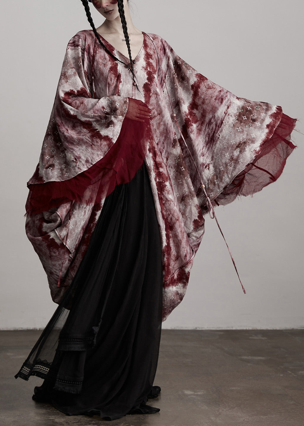 Beautiful Red V Neck Asymmetrical Design Silk Cardigan Batwing Sleeve