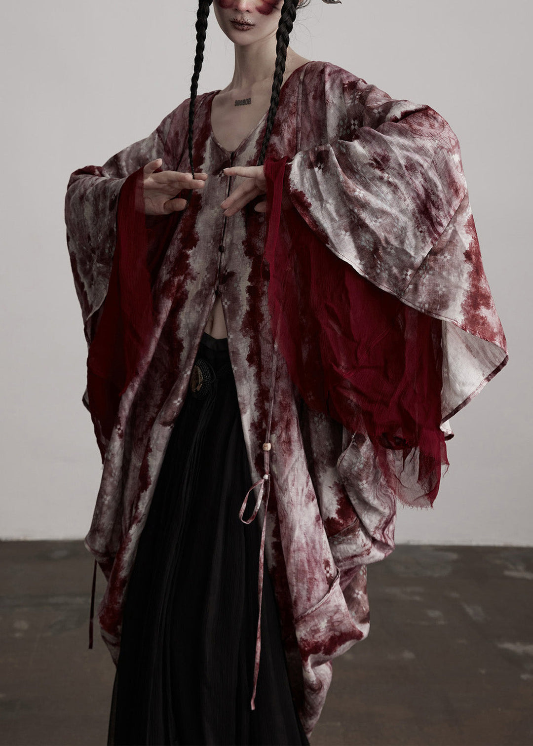 Beautiful Red V Neck Asymmetrical Design Silk Cardigan Batwing Sleeve