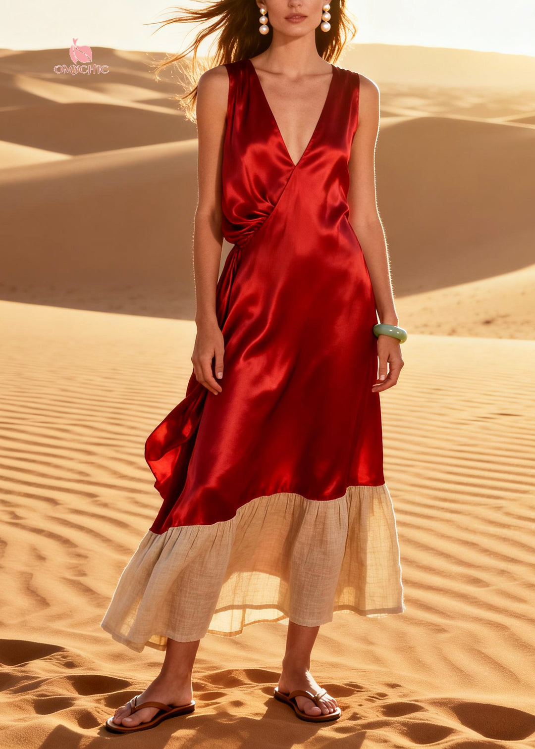 Beautiful Red V Neck Patchwork Linen Silk Dresses Summer