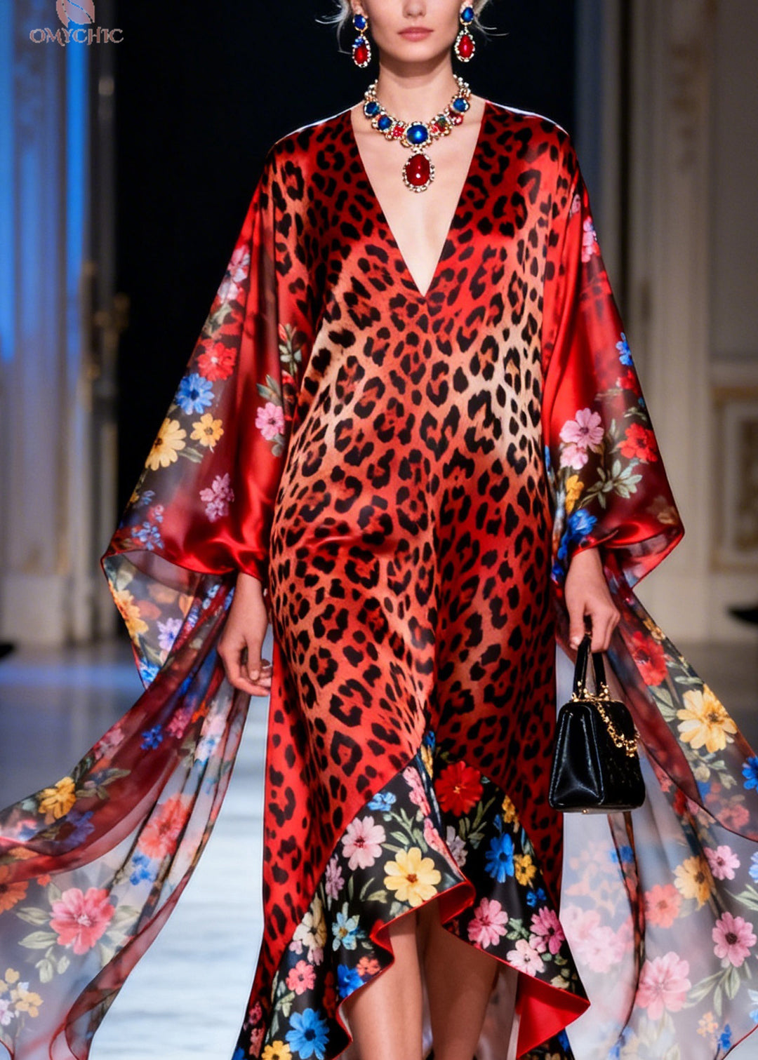 Beautiful Red V Neck Print Patchwork Silk Maxi Dresses Summer