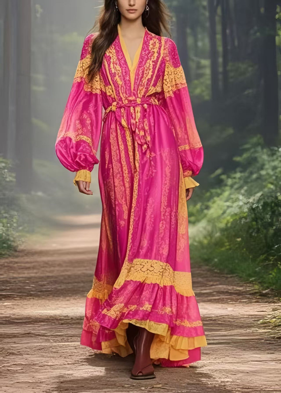 Beautiful Rose Cinched Exra Large Hem Silk Vacation Dress Spring