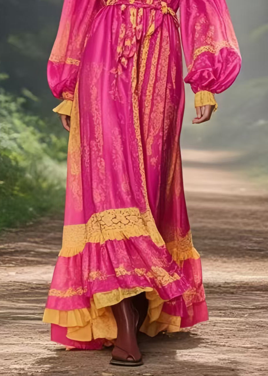 Beautiful Rose Cinched Exra Large Hem Silk Vacation Dress Spring