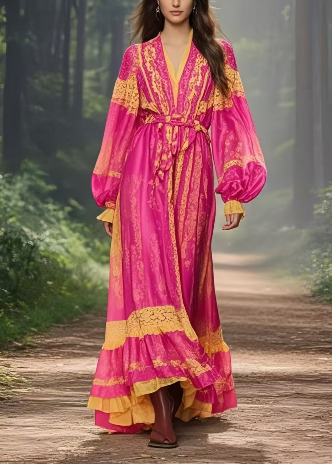 Beautiful Rose Cinched Exra Large Hem Silk Vacation Dress Spring