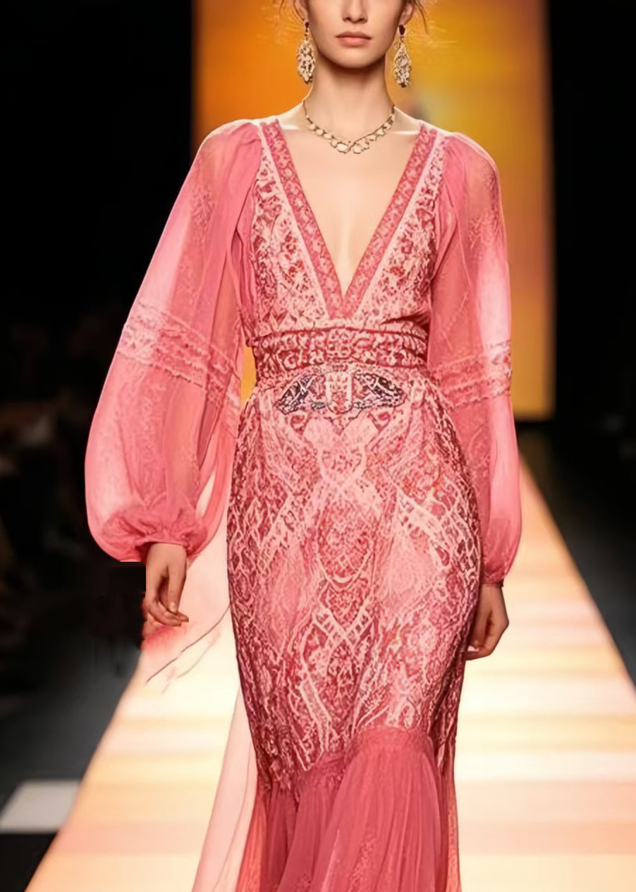 Beautiful Rose Cinched Patchwork Lace Vestidos Dresses Cloak Sleeves