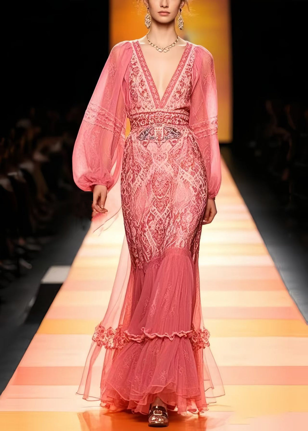 Beautiful Rose Cinched Patchwork Lace Vestidos Dresses Cloak Sleeves