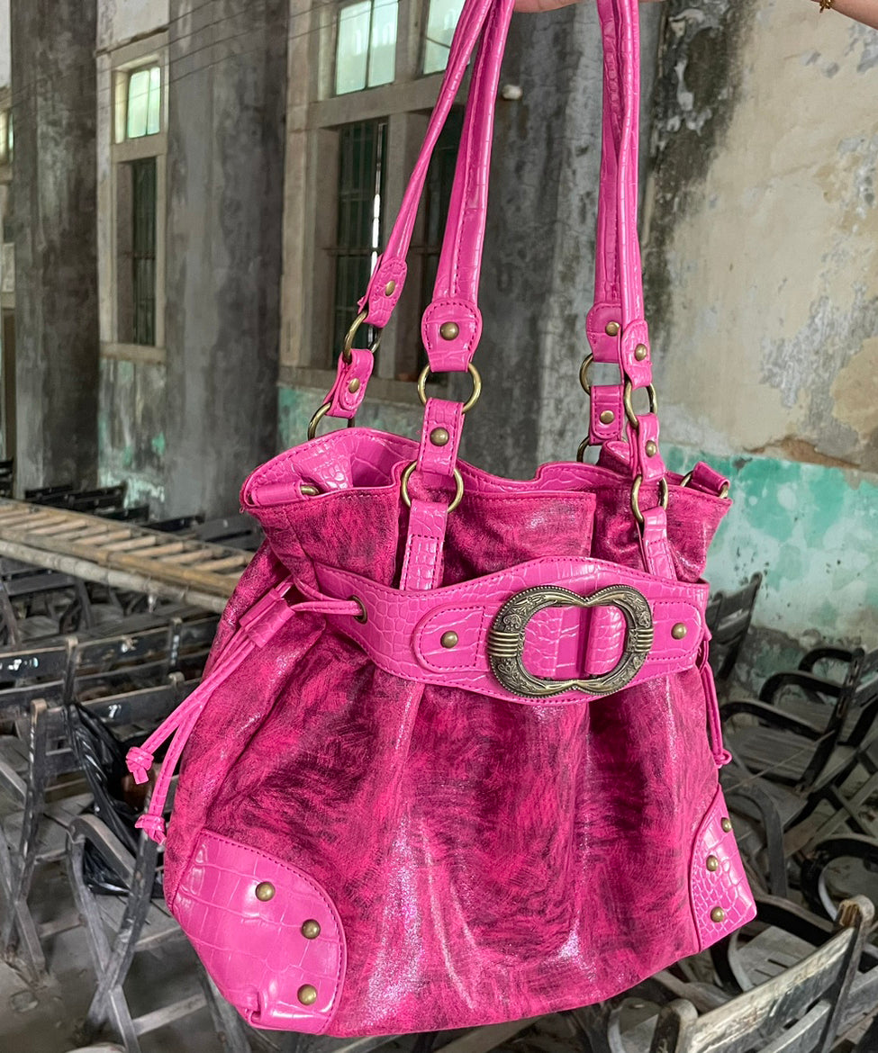 Beautiful Rose Drawstring Faux Leather Pouch Bag