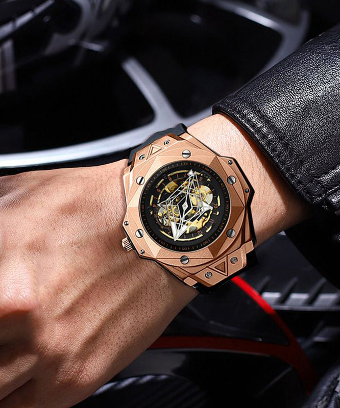 Beautiful Rose Gold Leather Fully Automatic Machinery Hollow Out Watches