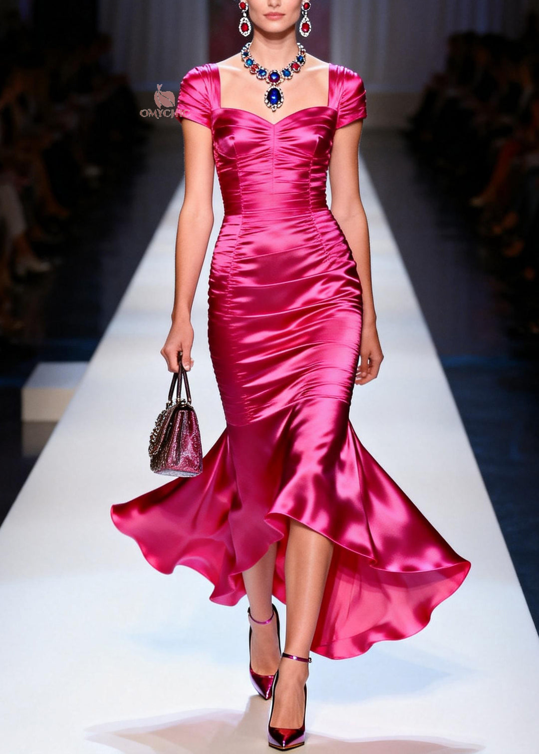 Beautiful Rose Ruffled Patchwork Slim Fit Silk Dress Summer