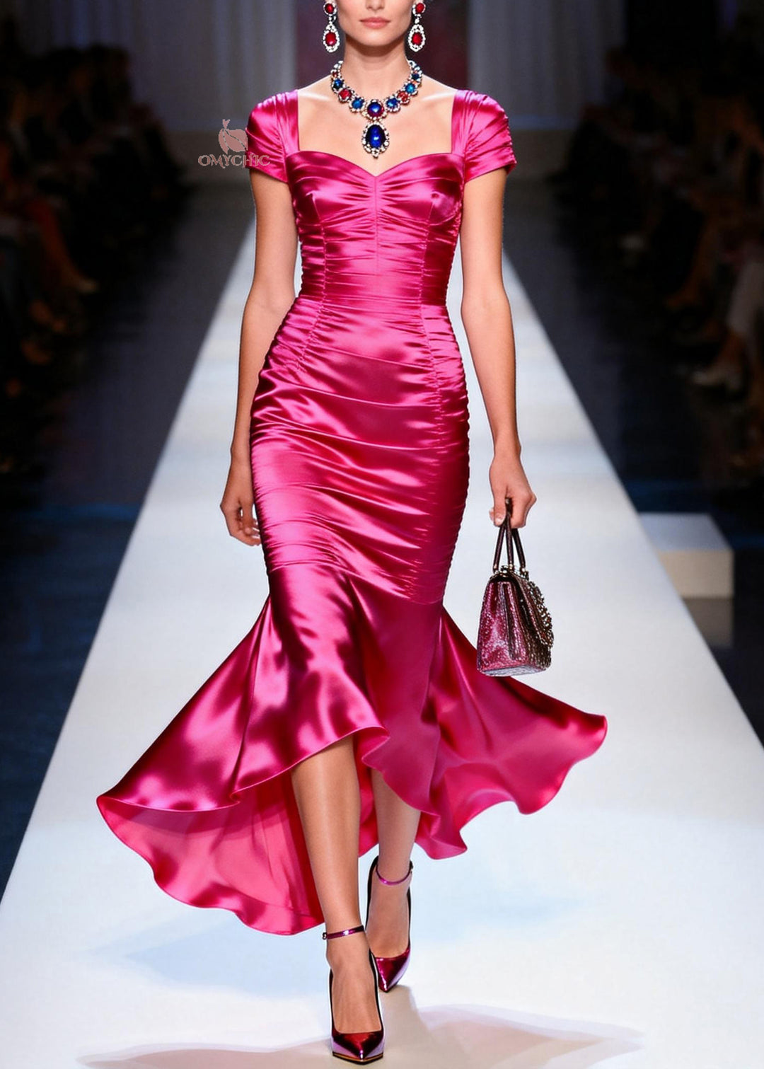 Beautiful Rose Ruffled Patchwork Slim Fit Silk Dress Summer