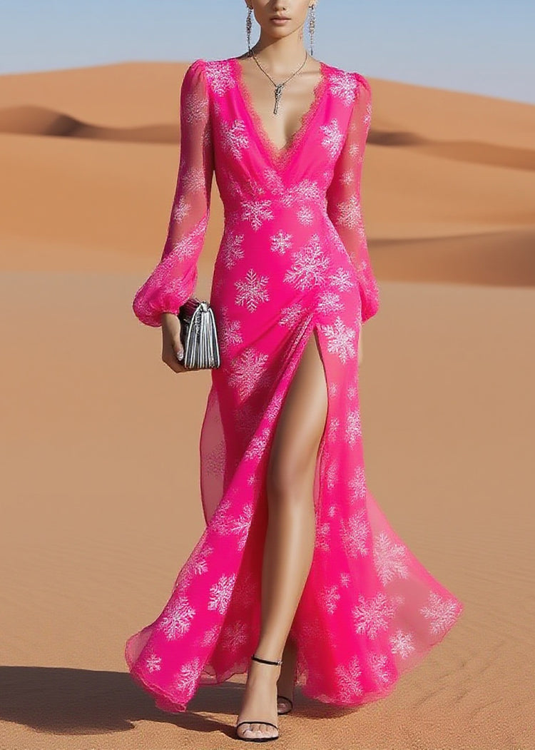 Beautiful Rose Snowflake Print Side Open Chiffon Long Dresses Spring - Omychic