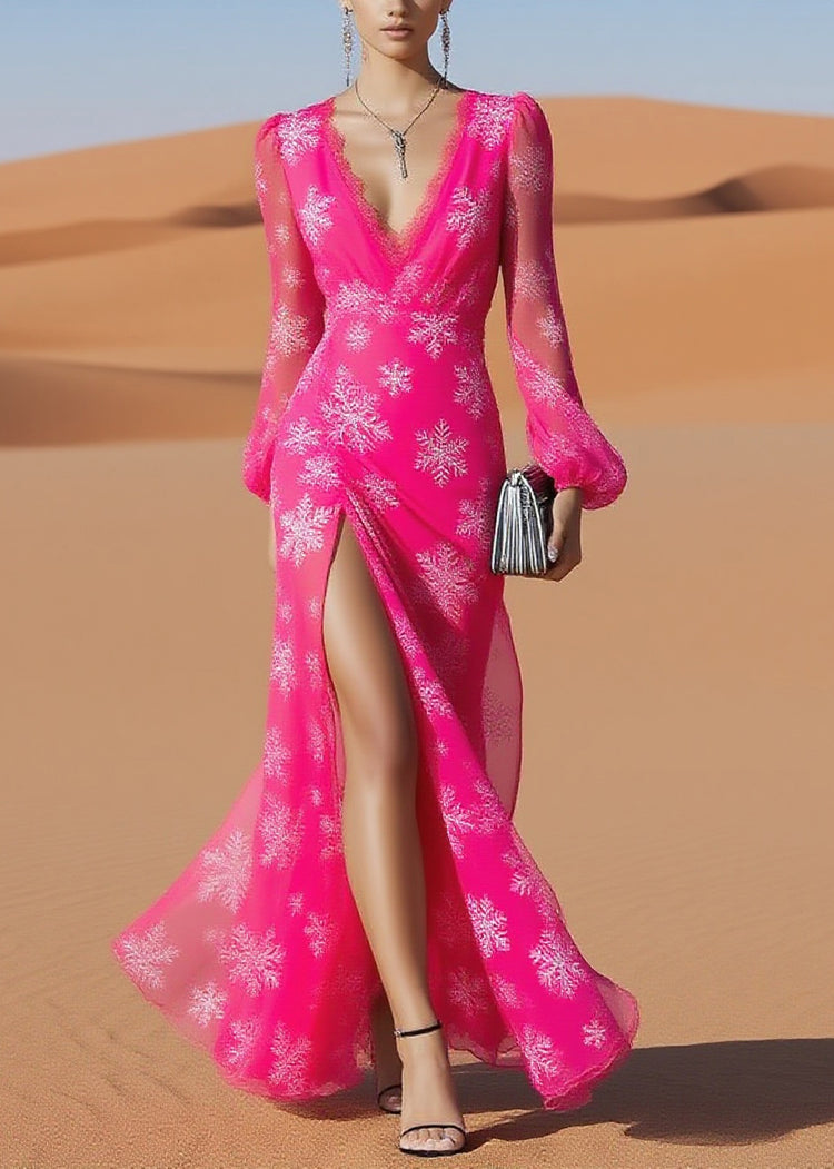 Beautiful Rose Snowflake Print Side Open Chiffon Long Dresses Spring - Omychic