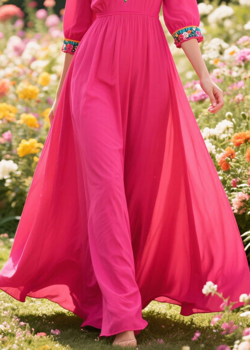 Beautiful Rose V Neck Patchwork Exra Large Hem Cotton Long Dress Summer