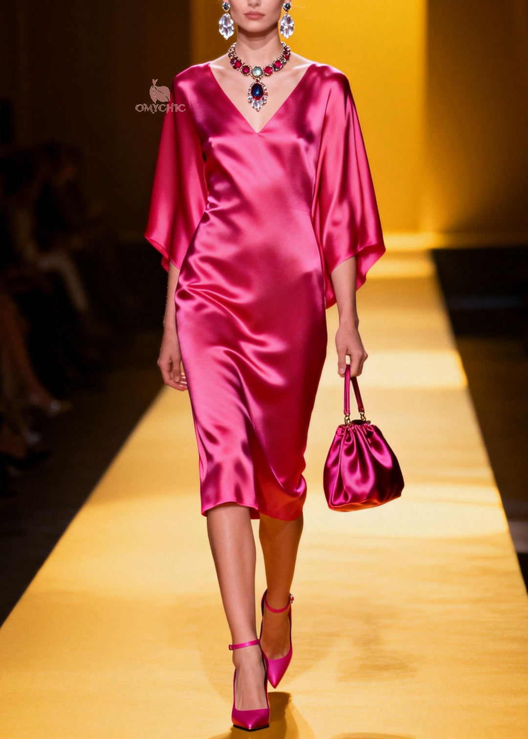 Beautiful Rose V Neck Silk Maxi Dresses Batwing Sleeve