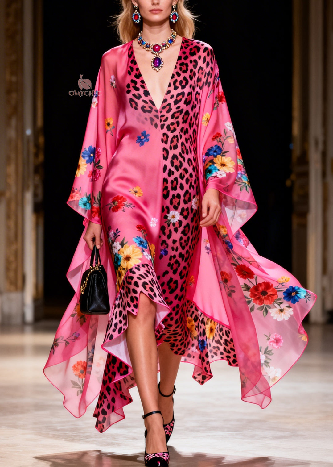 Beautiful Ruffled Asymmetrical Design Print Silk Long Dress Summer
