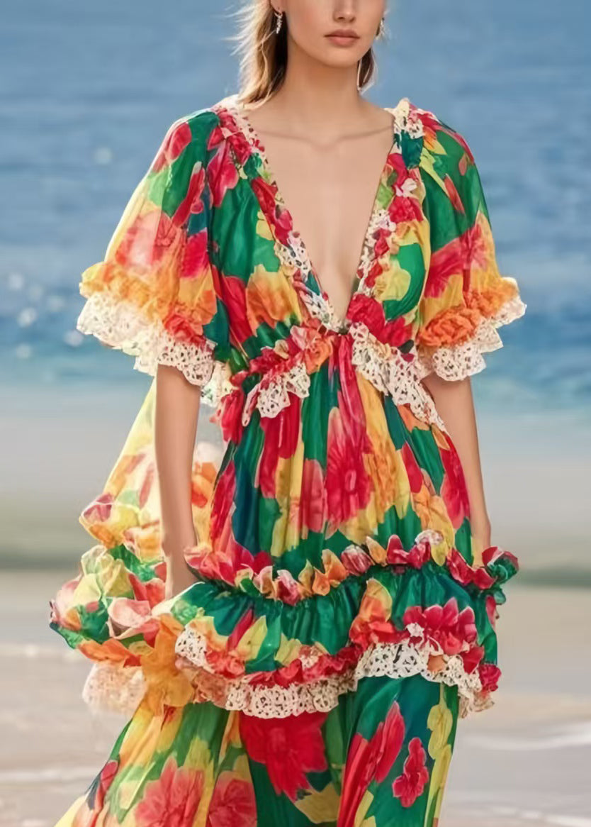 Beautiful Ruffled Print Chiffon Beach Dresses Summer