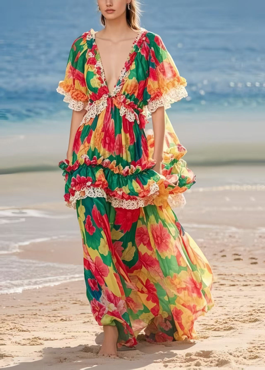 Beautiful Ruffled Print Chiffon Beach Dresses Summer