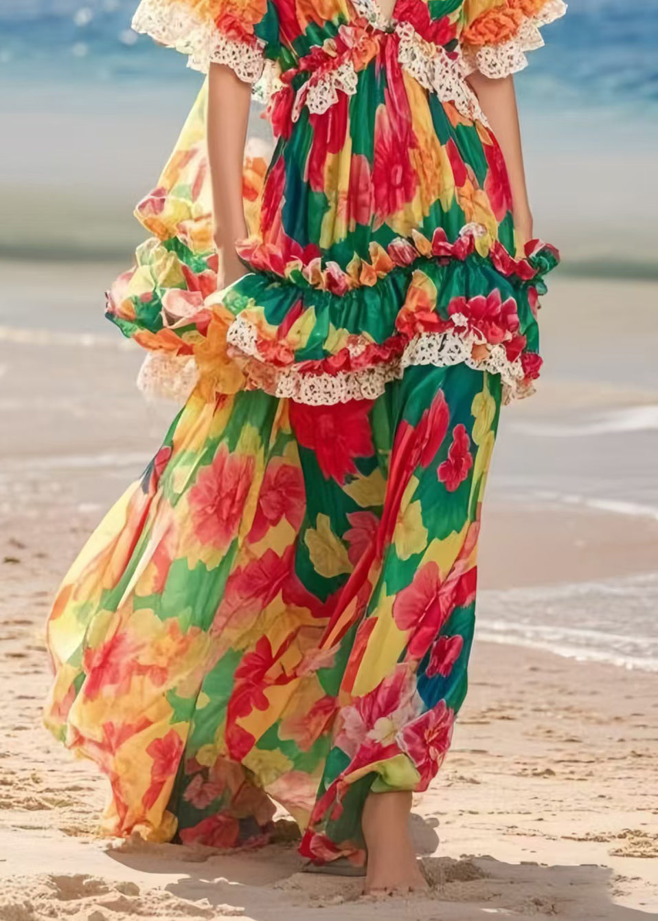 Beautiful Ruffled Print Chiffon Beach Dresses Summer