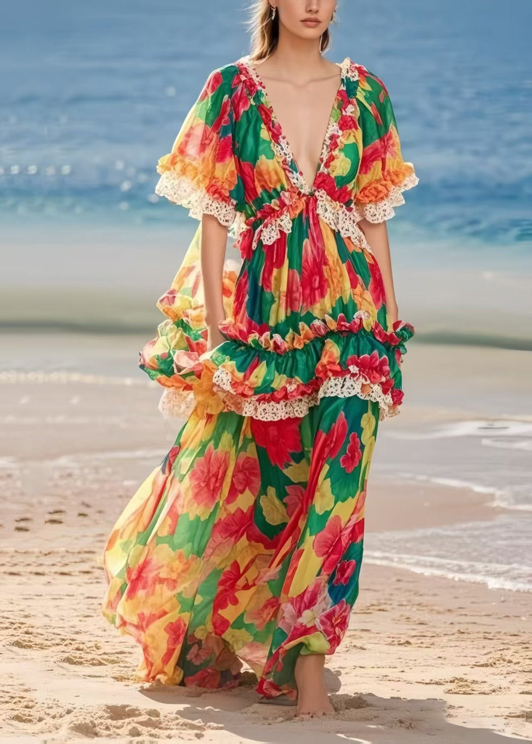 Beautiful Ruffled Print Chiffon Beach Dresses Summer