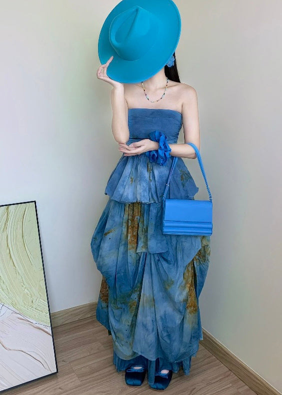 Beautiful Sea Blue Cold Shoulder Tie Dye Two Pieces Set Summer
