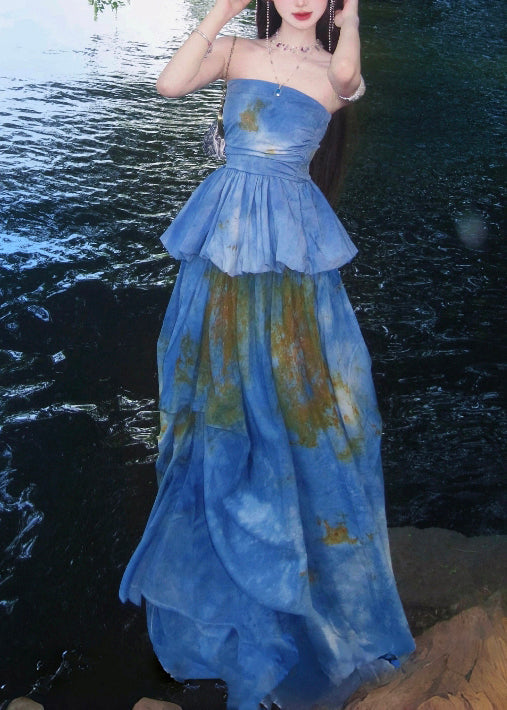 Beautiful Sea Blue Cold Shoulder Tie Dye Two Pieces Set Summer