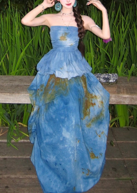 Beautiful Sea Blue Cold Shoulder Tie Dye Two Pieces Set Summer