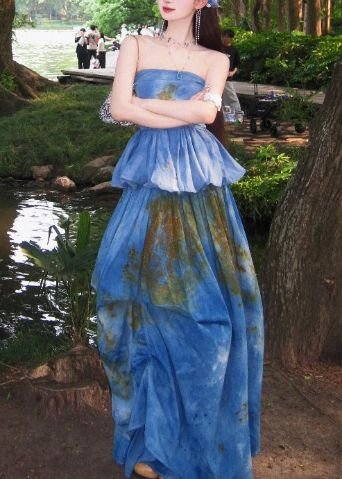 Beautiful Sea Blue Cold Shoulder Tie Dye Two Pieces Set Summer