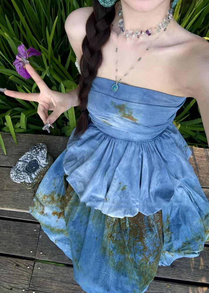 Beautiful Sea Blue Cold Shoulder Tie Dye Two Pieces Set Summer