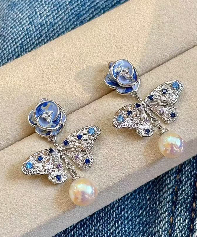 Beautiful Silk Alloy Pearl Zircon Butterfly Floral Enamel Drop Earrings