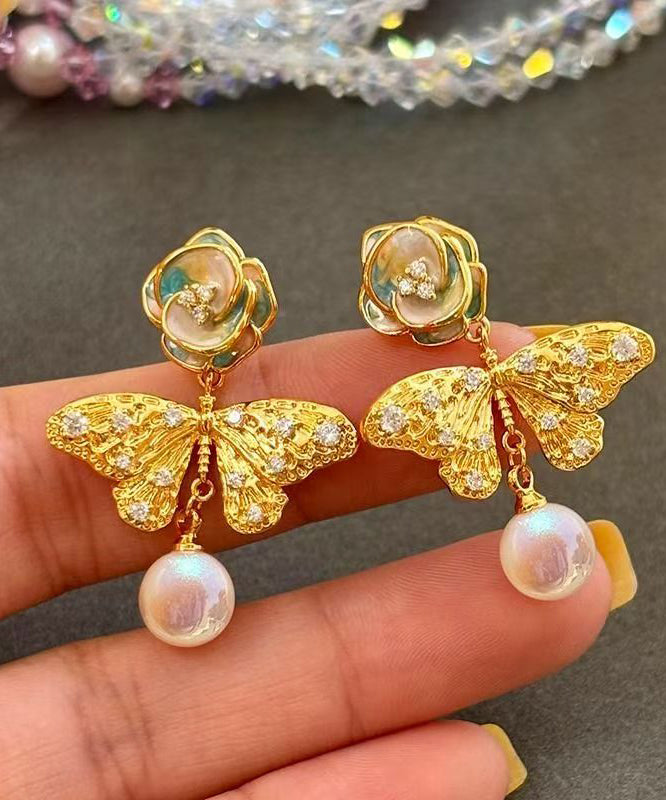 Beautiful Silk Alloy Pearl Zircon Butterfly Floral Enamel Drop Earrings