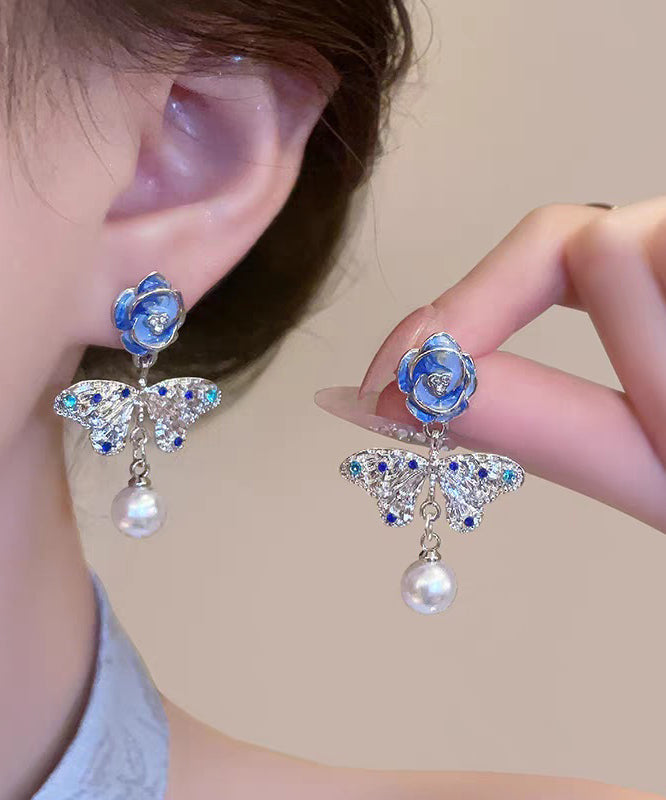Beautiful Silk Alloy Pearl Zircon Butterfly Floral Enamel Drop Earrings