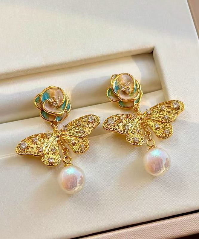 Beautiful Silk Alloy Pearl Zircon Butterfly Floral Enamel Drop Earrings