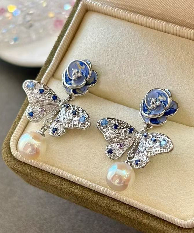 Beautiful Silk Alloy Pearl Zircon Butterfly Floral Enamel Drop Earrings
