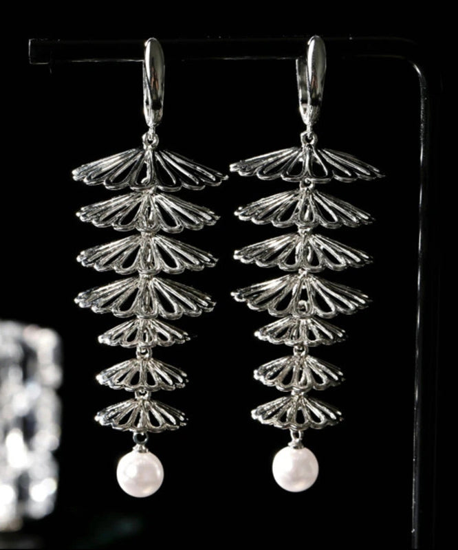 Beautiful Silk Copper Overgild Hollow Out Floral Pearl Drop Earrings