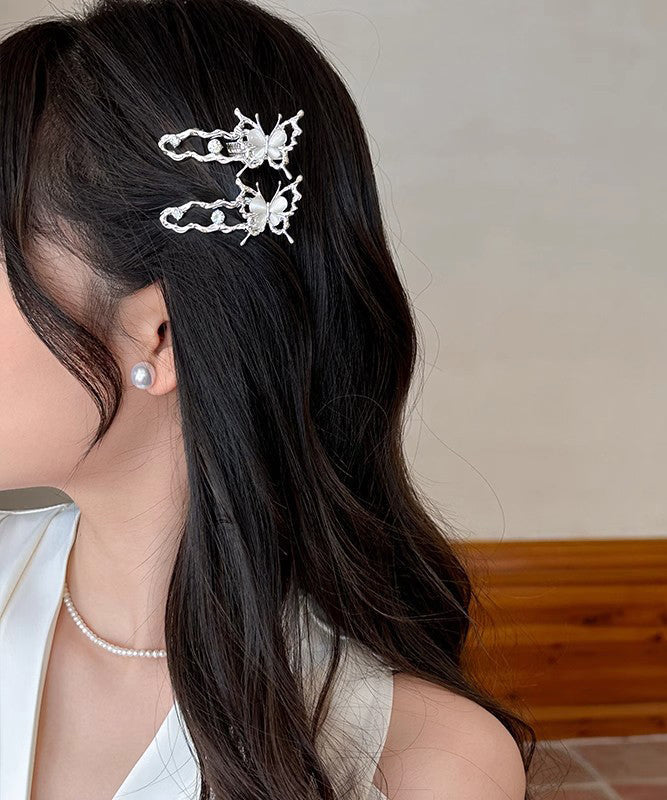 Beautiful Silk Metal Zircon Hollow Out Floral Butterfly Hairpin Two-Piece Set