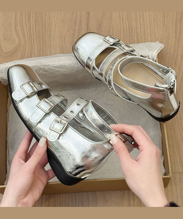 Beautiful Silver Buckle Strap Splicing Wedge Heels Shoes