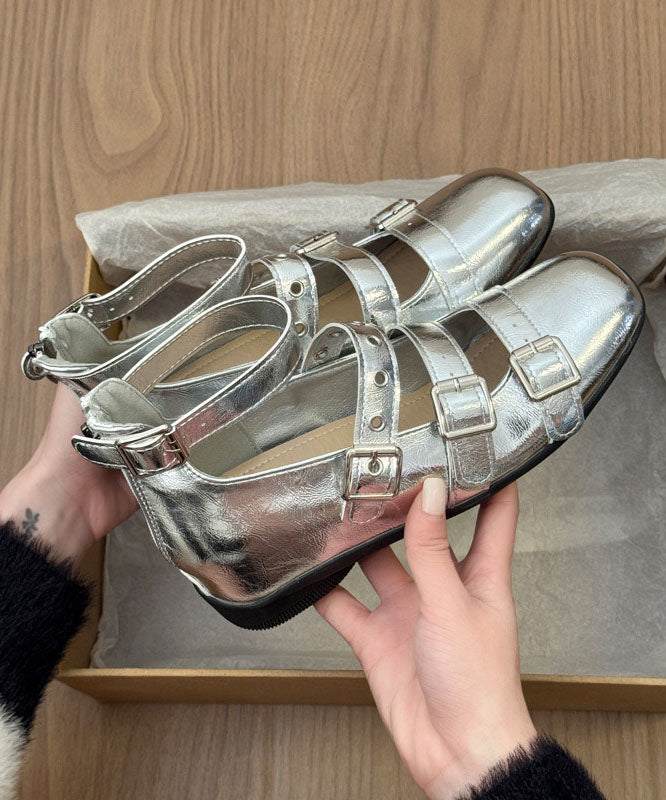 Beautiful Silver Buckle Strap Splicing Wedge Heels Shoes