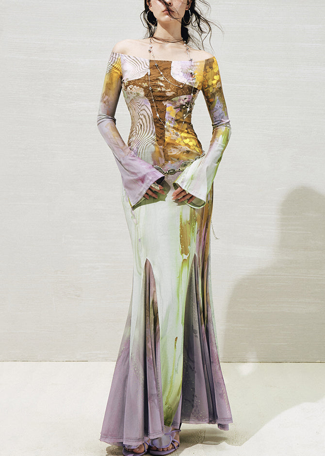 Beautiful Slash Neck Print Tulle Patchwork Long Dresses Fall