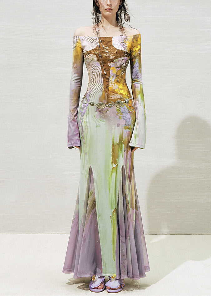 Beautiful Slash Neck Print Tulle Patchwork Long Dresses Fall