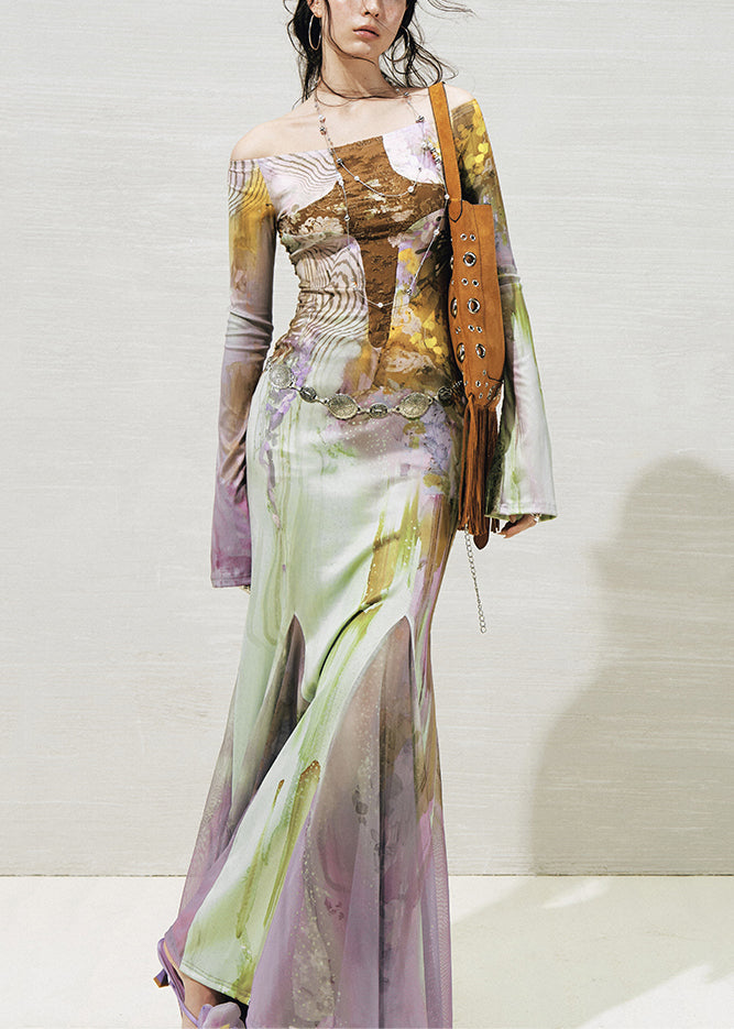 Beautiful Slash Neck Print Tulle Patchwork Long Dresses Fall