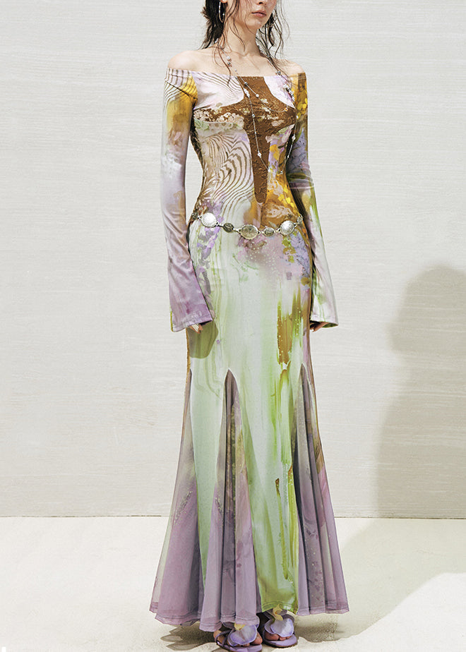 Beautiful Slash Neck Print Tulle Patchwork Long Dresses Fall