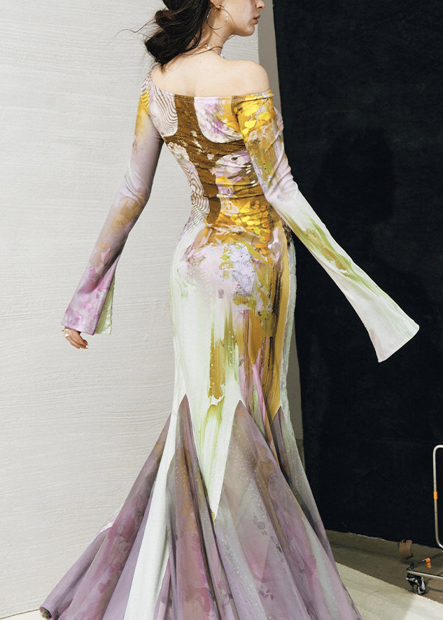 Beautiful Slash Neck Print Tulle Patchwork Long Dresses Fall