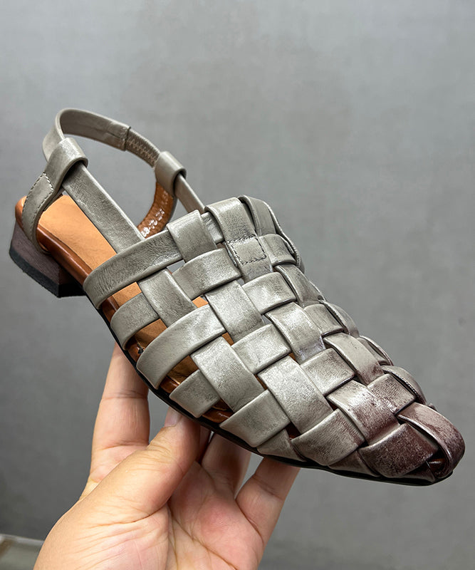 Beautiful Splicing Chunky Hollow Out Sandals Grey Cowhide Leather