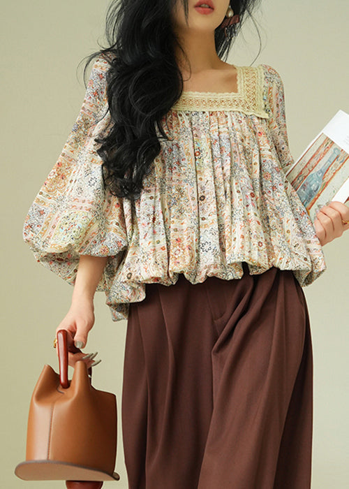 Beautiful Square Collar Print Lace Up Patchwork Cotton Blouses Fall