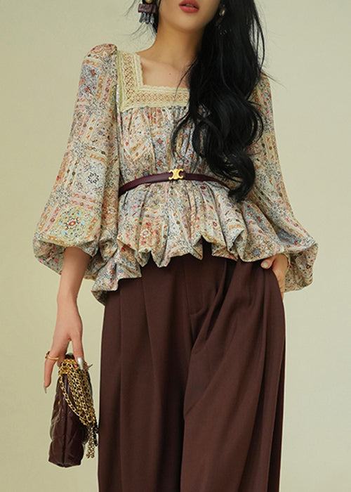 Beautiful Square Collar Print Lace Up Patchwork Cotton Blouses Fall