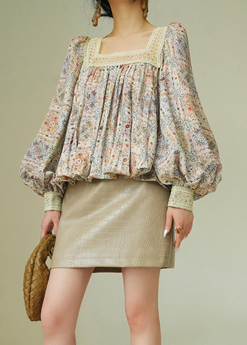 Beautiful Square Collar Print Lace Up Patchwork Cotton Blouses Fall