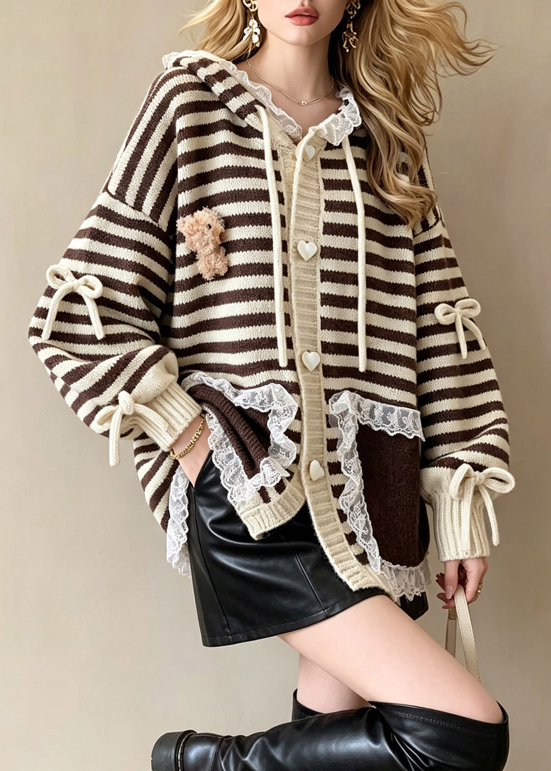 Beautiful Striped Drawstring Bow Lace Patchwork Cotton Knit Hooded Cardigan Long Sleeve