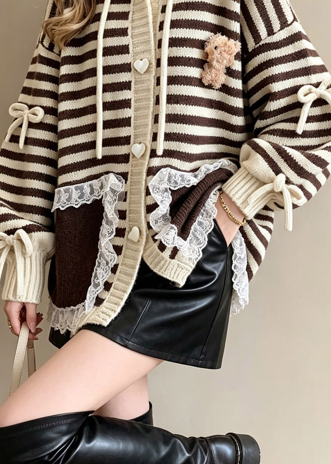 Beautiful Striped Drawstring Bow Lace Patchwork Cotton Knit Hooded Cardigan Long Sleeve
