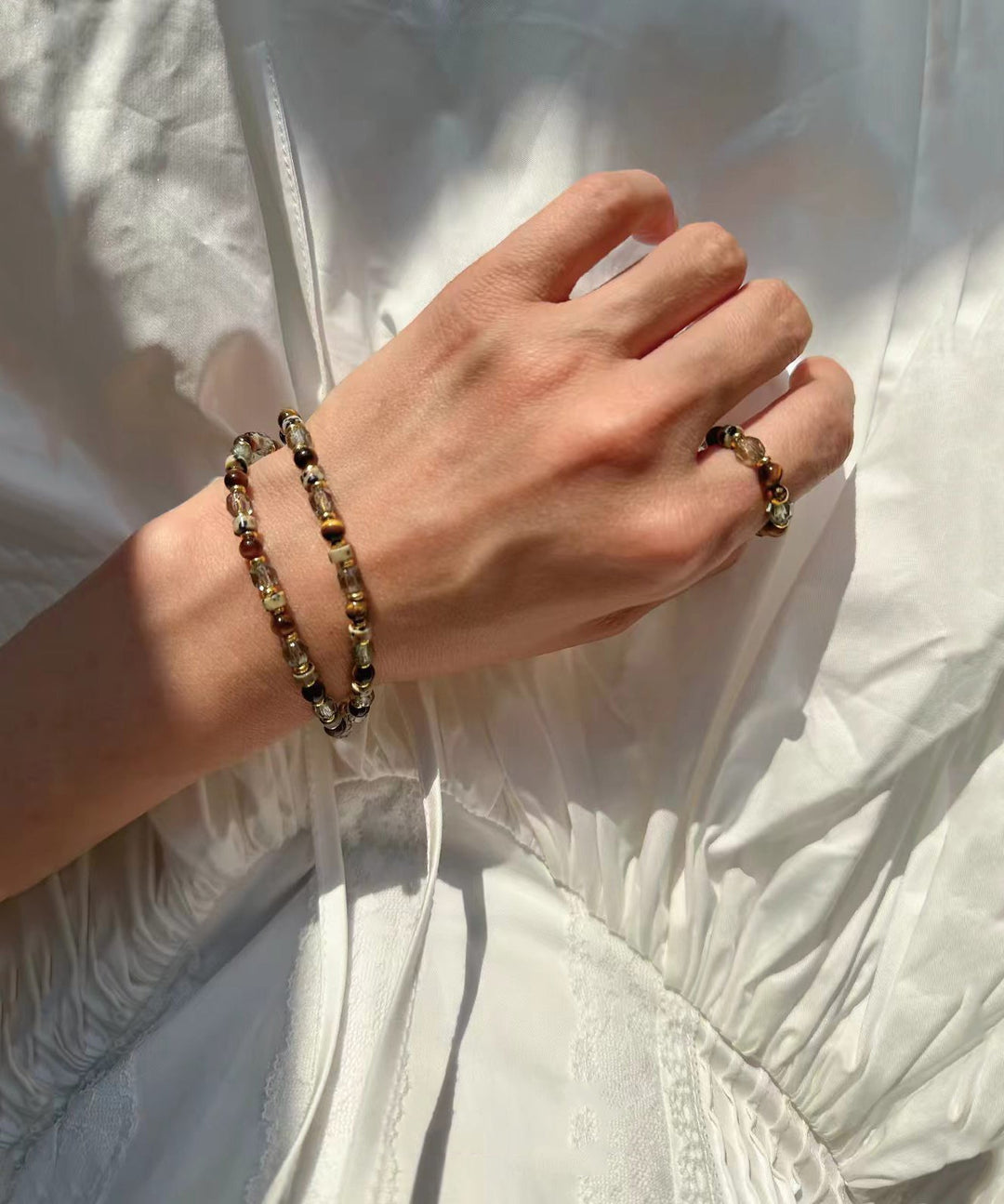 Beautiful Tiger Eye Czech Glass Beading Rings Charm Bracelet Two Piece Set
