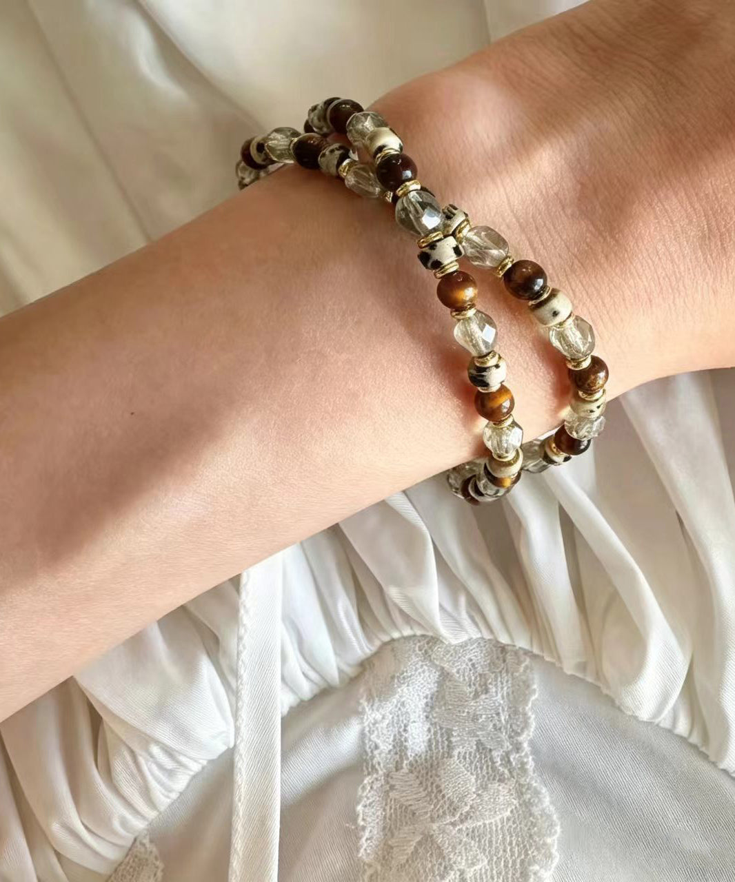 Beautiful Tiger Eye Czech Glass Beading Rings Charm Bracelet Two Piece Set