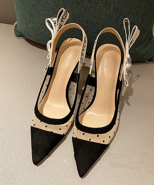 Beautiful Tulle Splicing Stiletto Sandals Black Dot Suede